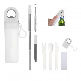 Kit de Popote de Acero Inoxidable, Cepillo de Limpieza, Cubiertos y Destapador de Botellas 4 en 1
